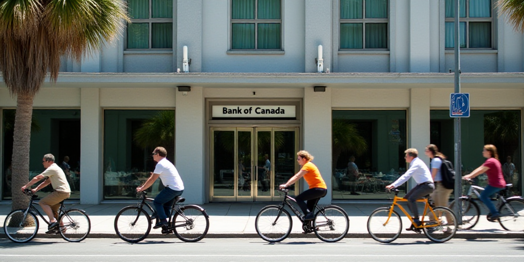 a group of people walking and riding bikes past a bank of canada sign and palm trees in front of a b