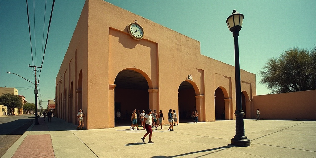a group of people walking around a building with a clock on it's side walk and a street light, David
