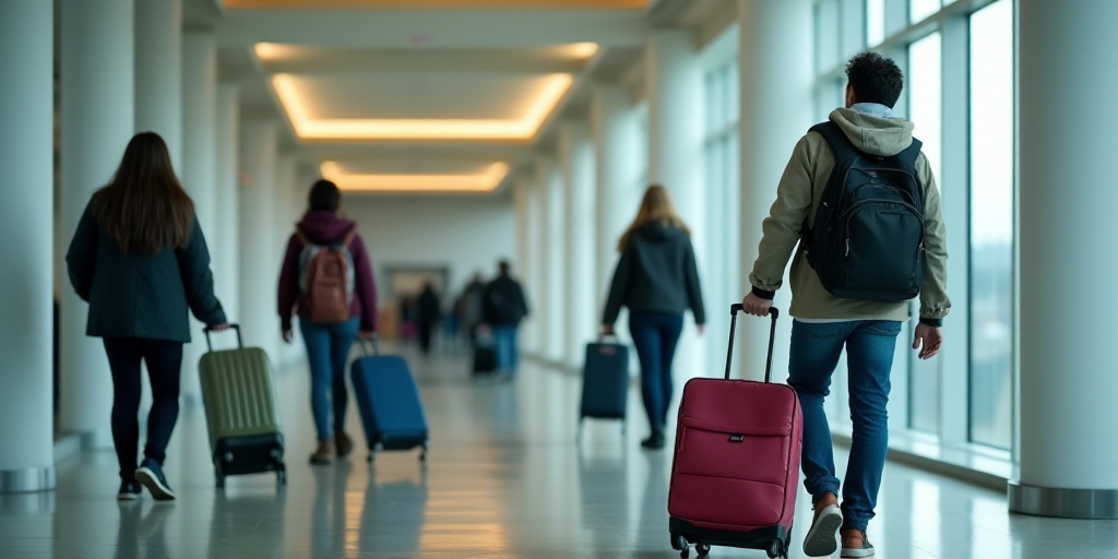a group of people walking down a hallway with luggage bags on wheels and a man with a backpack on hi
