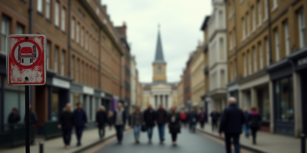 a group of people walking down a street next to tall buildings with a sign on it that says no parkin