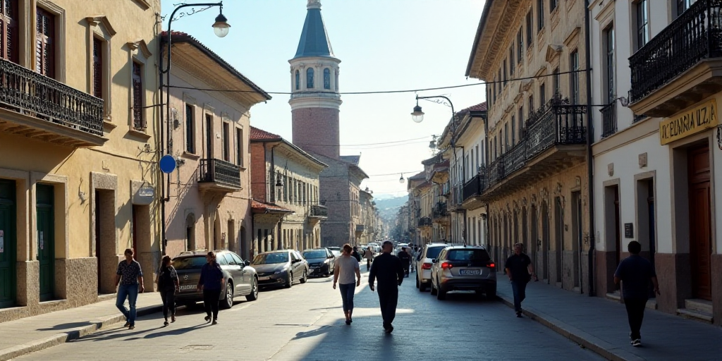 a group of people walking down a street next to a building and a clock tower in the background with
