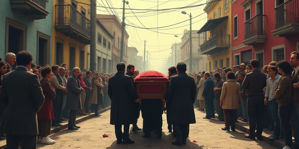 a group of people walking down a street carrying a casket in the middle of the street with a crowd o