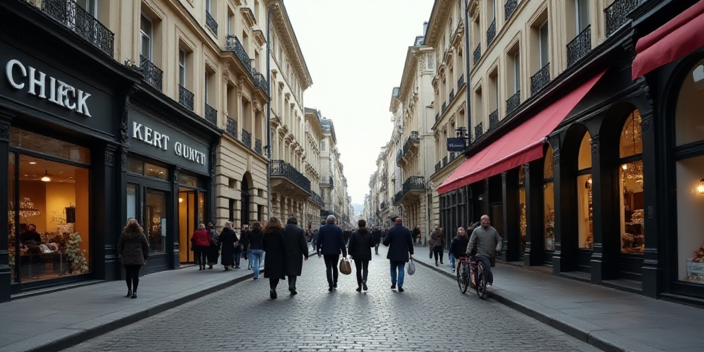 a group of people walking down a street next to tall buildings and shops on either side of the stree