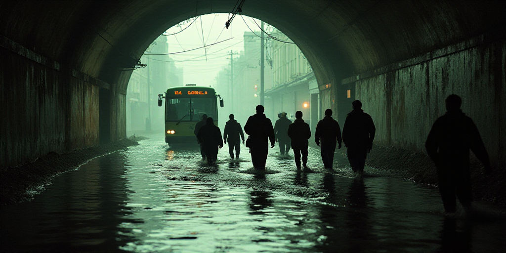 a group of people walking down a flooded street in a tunnel with a bus in the background and a green