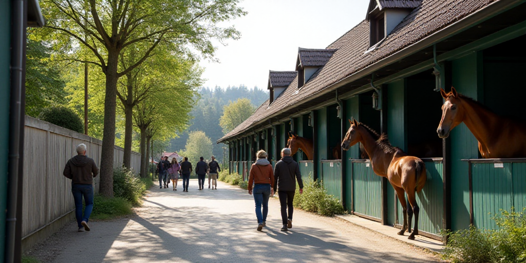 a group of people walking down a sidewalk next to a horse stable with a horse hanging from the roof,