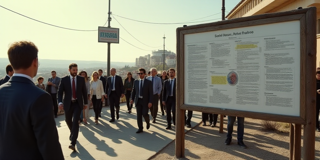 a group of people walking past a sign with a lot of information on it and a man in a suit, Edi Rama,