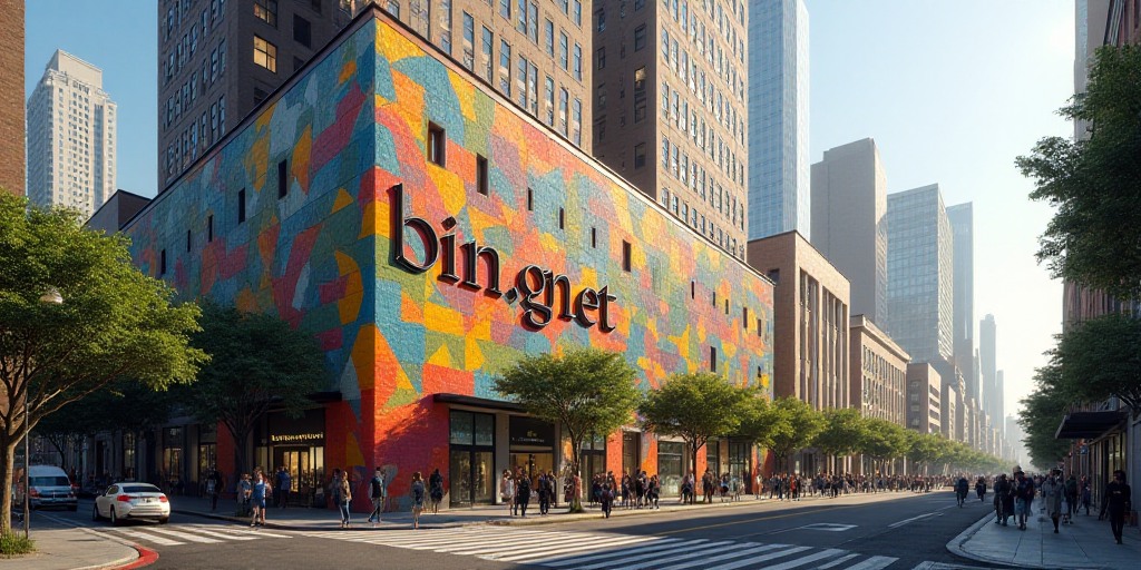 a group of people walking past a tall building with a sign on it's side that says bingnet, Diego Riv