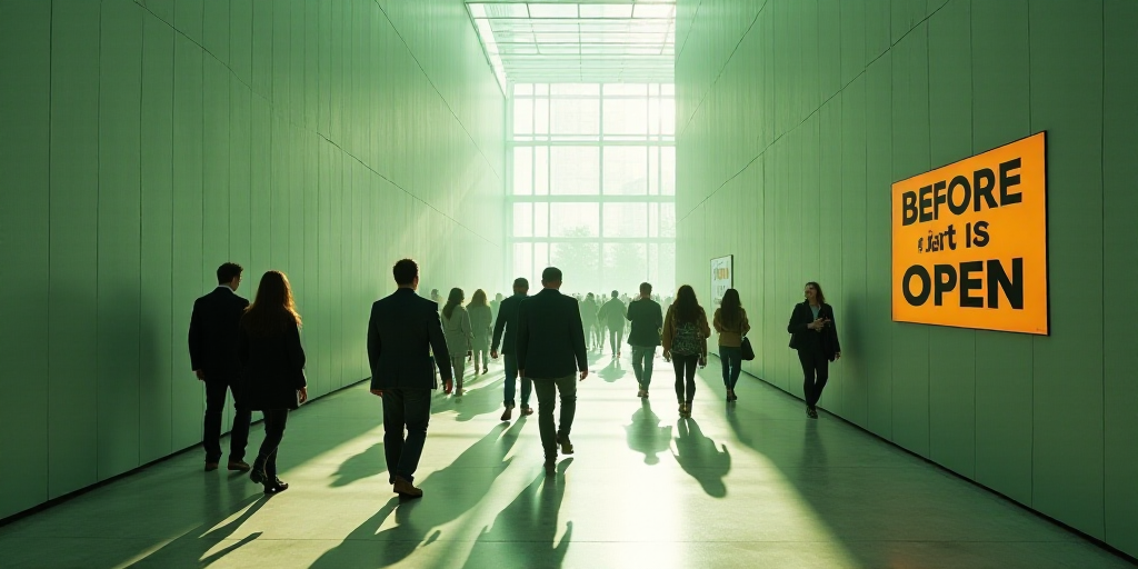 a group of people walking through a building with a sign that says before it is open on the wall, Ar