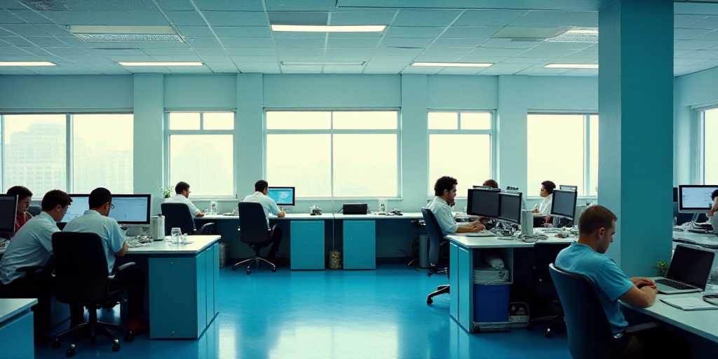 a group of people working at desks in an office building with blue and white walls and flooring, Eng