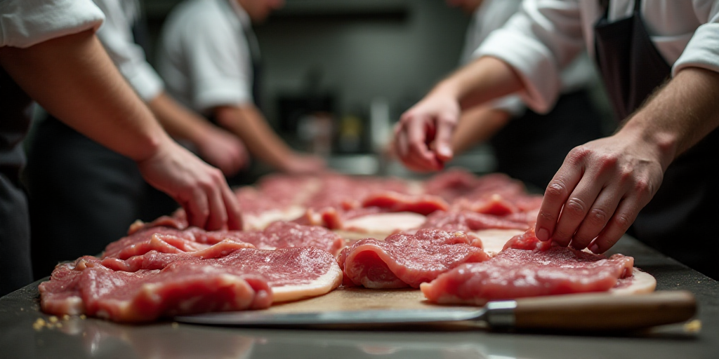 a group of people working in a kitchen preparing meats for sale on a table with a knife and a fork,