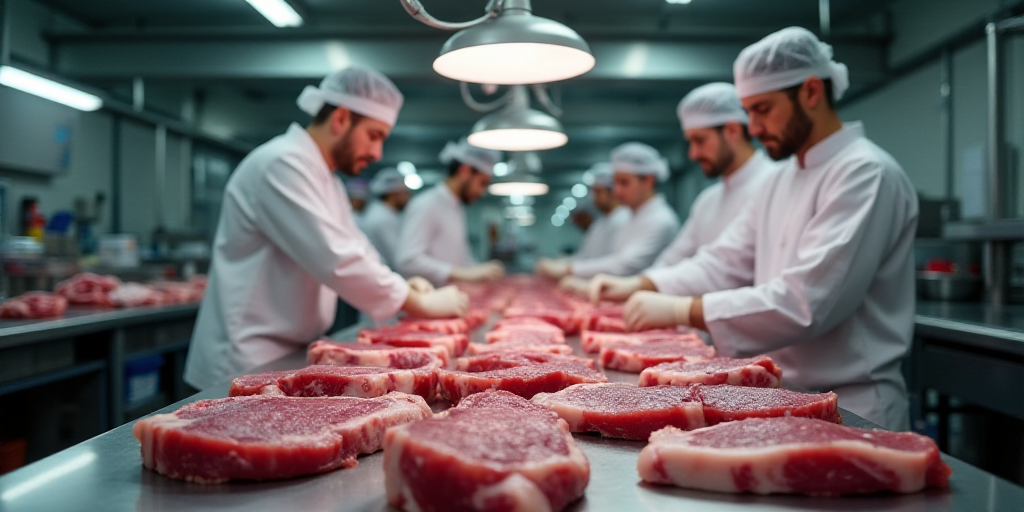 a group of people working in a meat processing facility with meat on the counter and on the floor wi