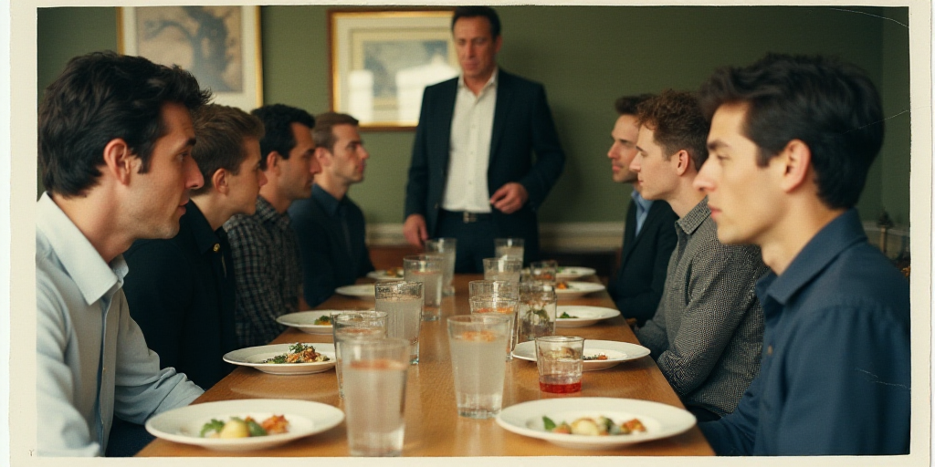 a group of photos of people at a table with food and drinks on it, and a man standing in the backgro