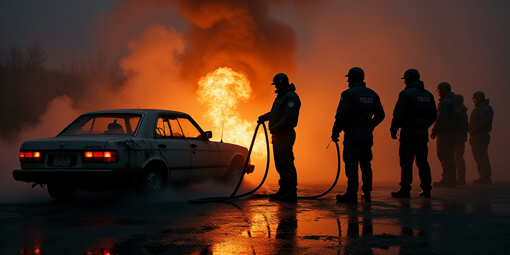 a group of police officers standing around a burned car in the dark with a fire hose in the mouth, A