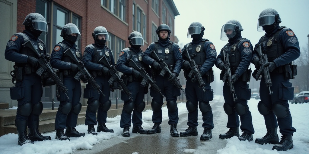 a group of police officers standing next to each other in front of a building with helmets on and ho