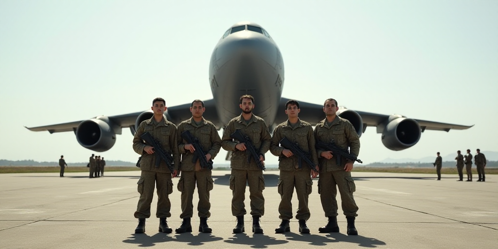 a group of soldiers standing in front of a plane on a runway with other soldiers standing around the