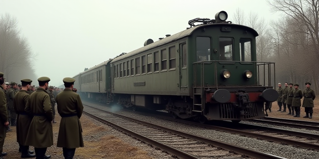 a group of soldiers standing next to a train on a track with people standing around it and looking a