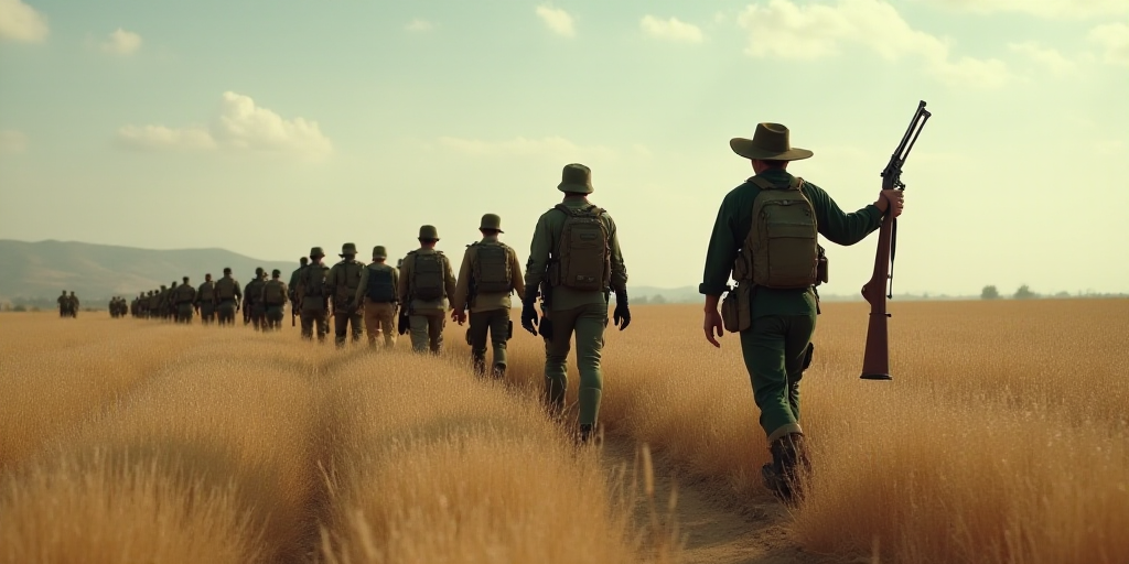 a group of soldiers walking through a field with a gun in hand and another man holding a rifle in th