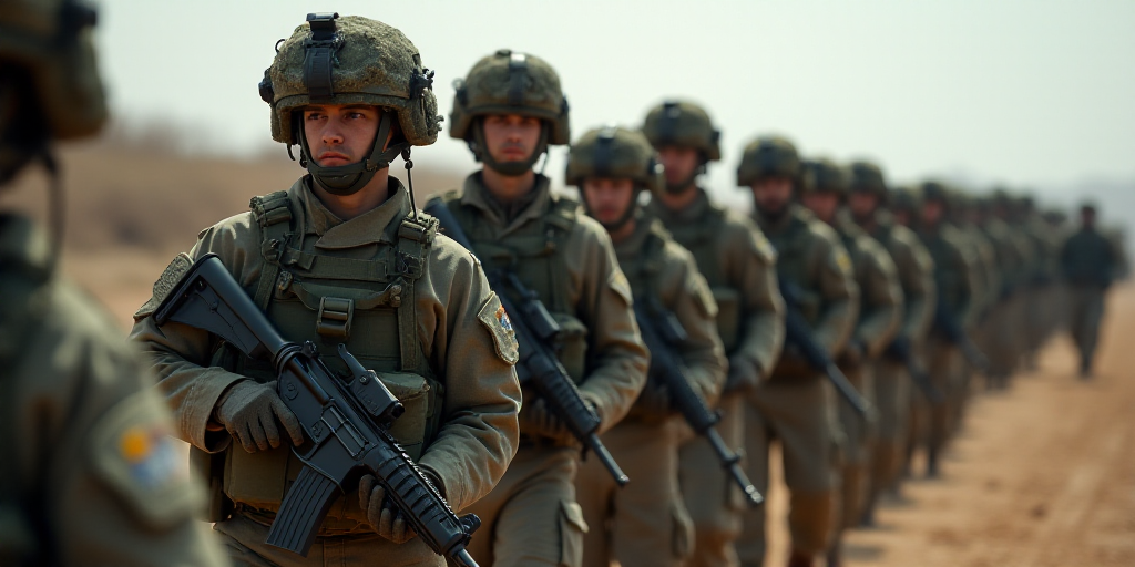 a group of soldiers with guns and helmets on walking together in a line with other soldiers in the b