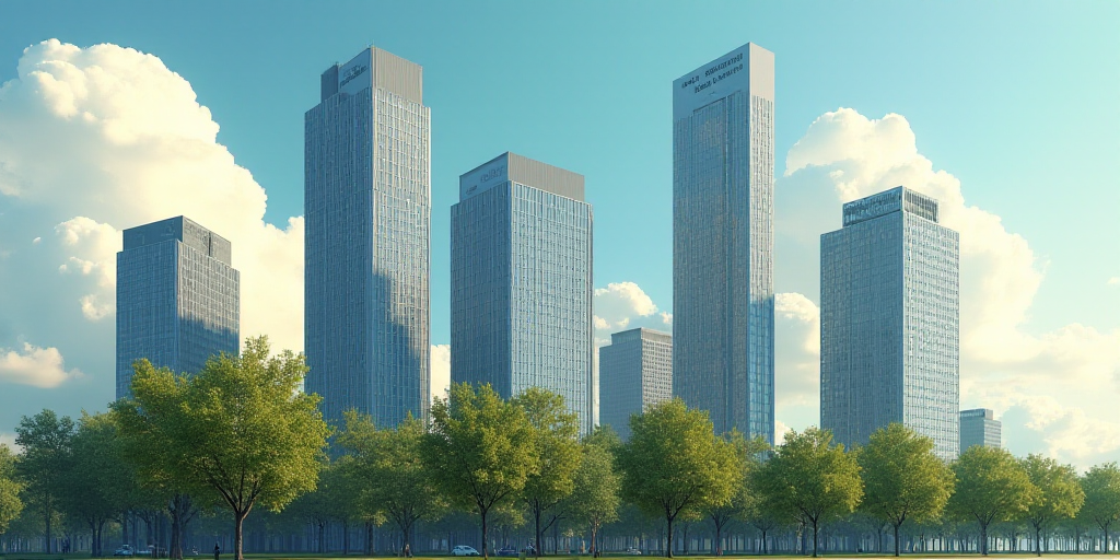 a group of tall buildings with a sky background and trees in front of them, with a sky background, E
