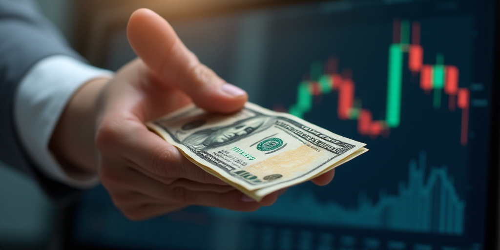 a hand holding a stack of money with a graph in the background and a hand pointing at it with a fing