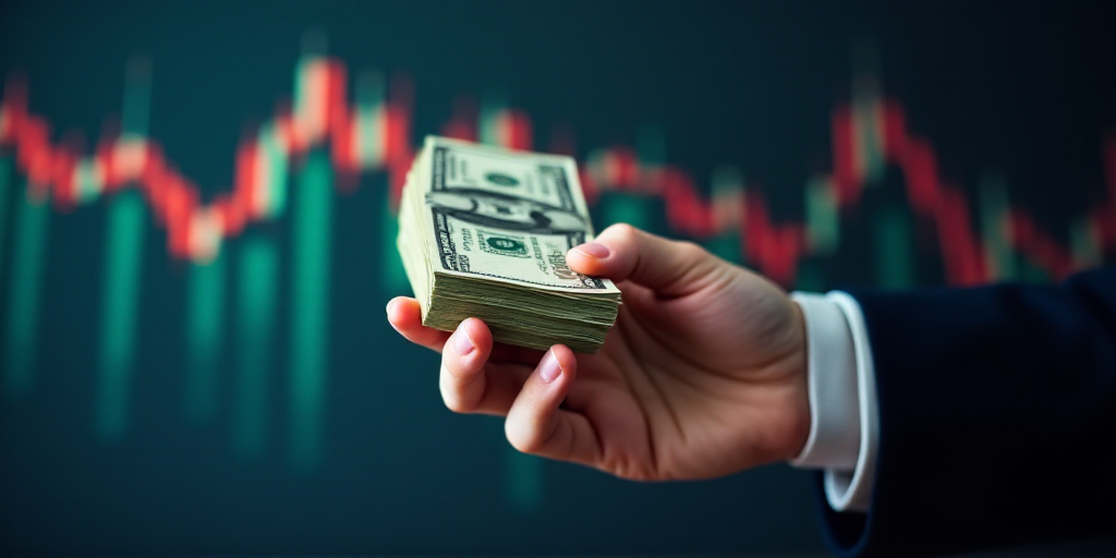 a hand holding a stack of money with a graph in the background and a hand pointing at it with a fing
