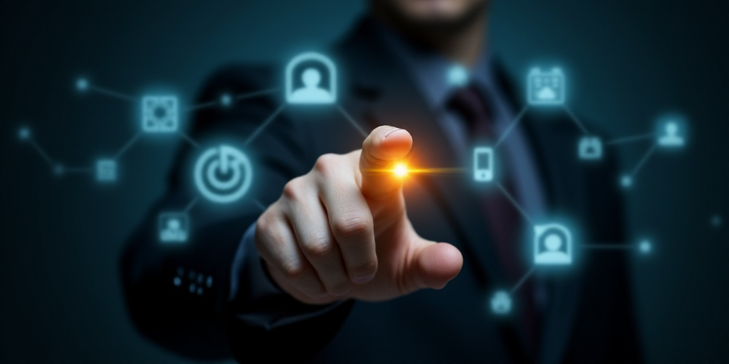 a hand touching a button with a light on it and icons surrounding it on a dark background with boke,