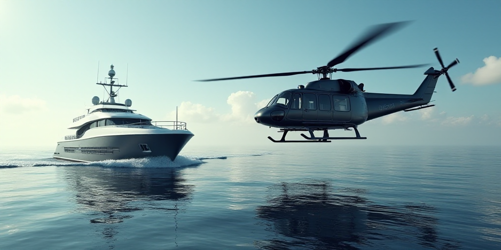 a helicopter flying over a boat in the ocean next to a helicopter flying over a ship in the ocean, D