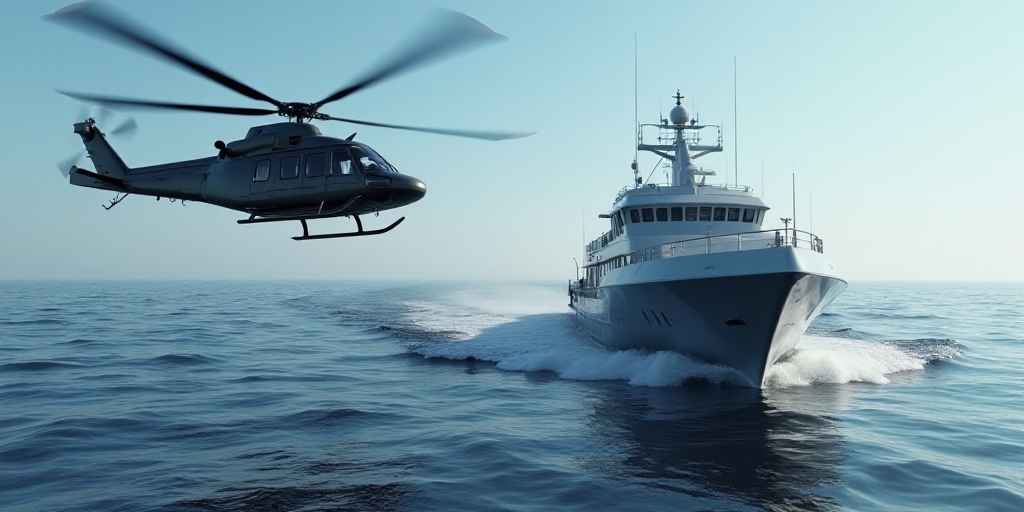 a helicopter flying over a boat in the ocean next to a helicopter flying over a ship in the ocean, D