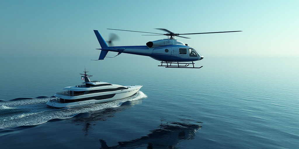 a helicopter flying over a boat in the ocean next to a helicopter flying over a ship in the ocean, D