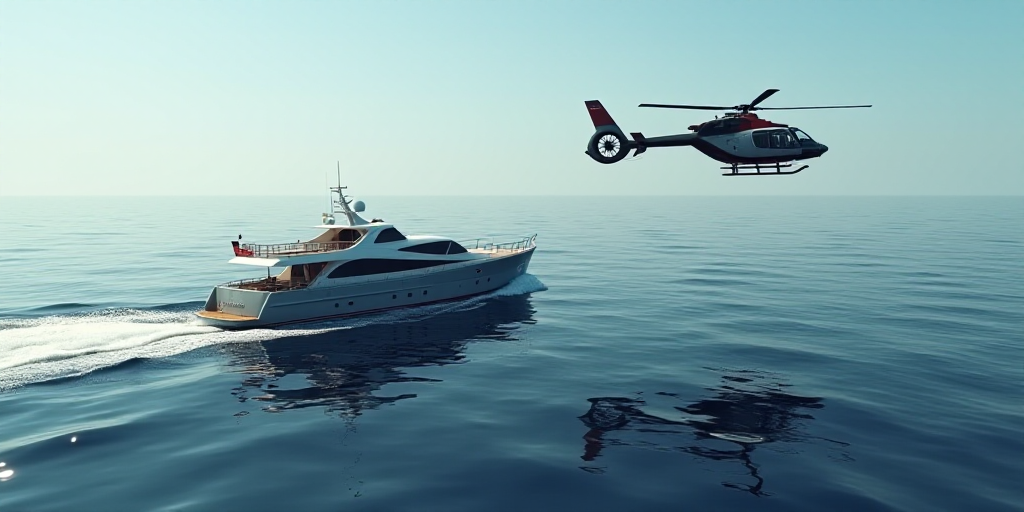 a helicopter flying over a boat in the ocean next to a helicopter flying over a ship in the ocean, D