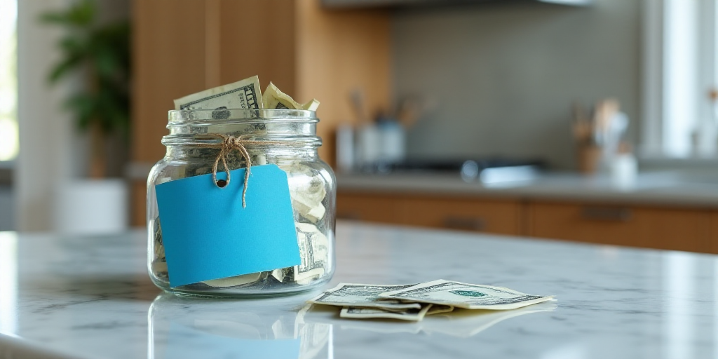 a jar with money and a blue price tag on it sitting on a marble counter top with a few bills, Aquira