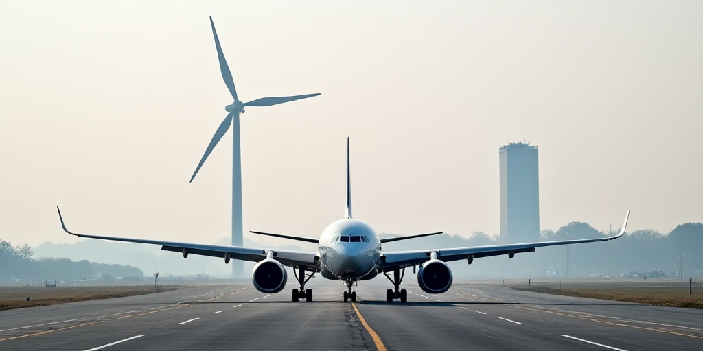 a jet plane on a runway with a wind turbine in the background of the photo and a building in the dis