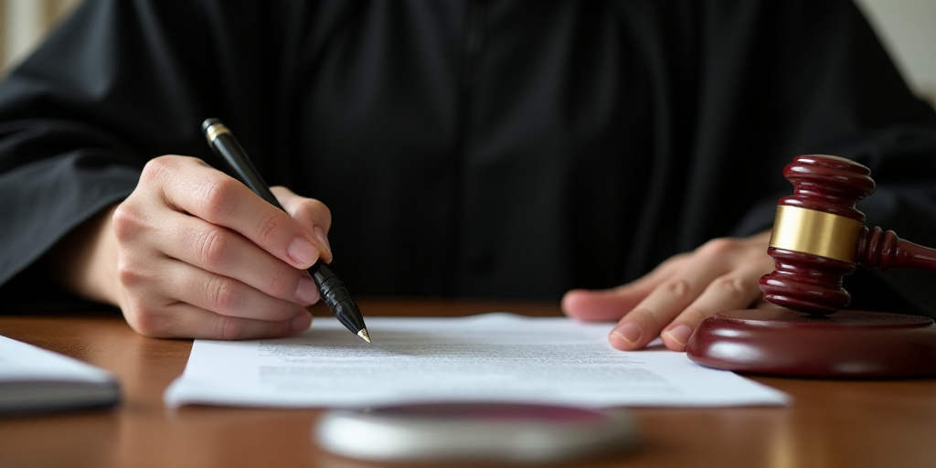 a judge holding a pen and paper while sitting at a desk with a gaven on it and papers, Brenda Chambe