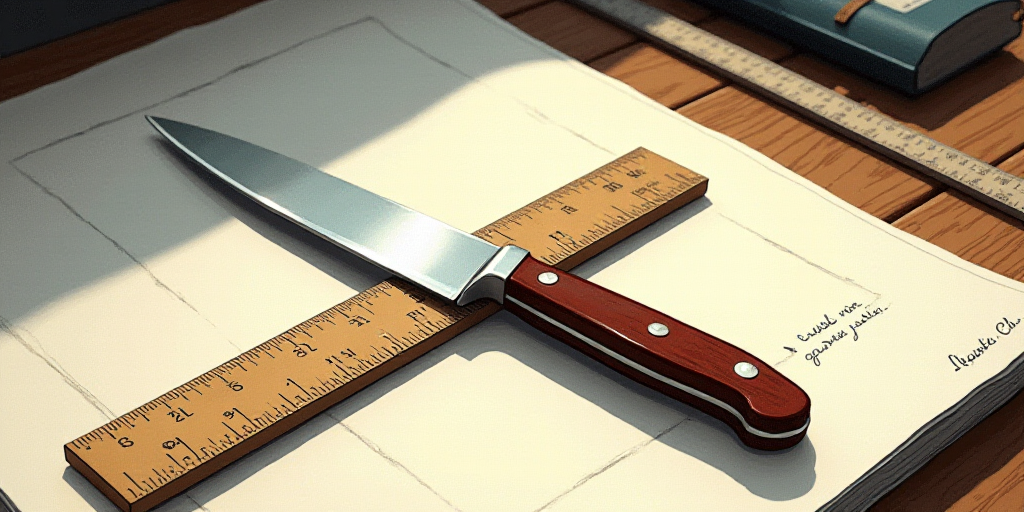 a knife is sitting on a ruler on a table top with a ruler in front of it and a ruler in the backgrou