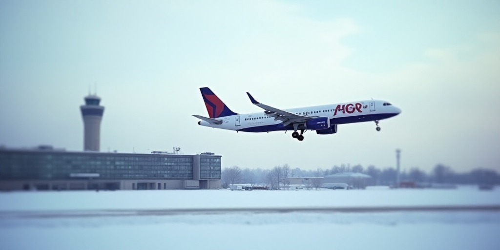 a large air plane flying over a snow covered ground with a control tower in the background and a bui