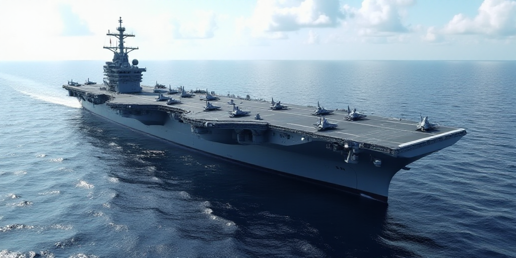 a large aircraft carrier is in the middle of the ocean with a fleet of fighter jets on it's deck, Fe
