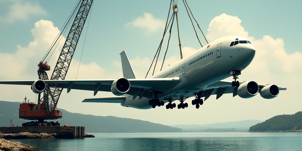 a large airplane is being lifted by a crane over a body of water with a crane in the background, Elb