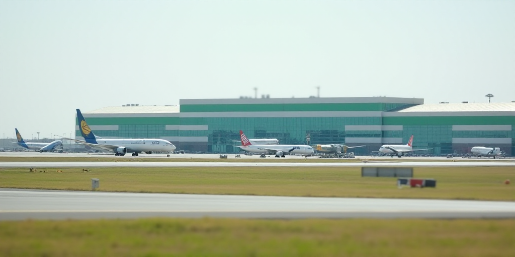 a large airport with a few planes parked on the runway and a building in the background with a large