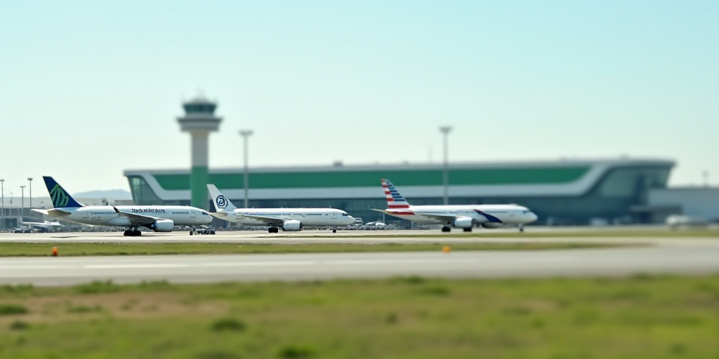 a large airport with a few planes parked on the runway and a building in the background with a large