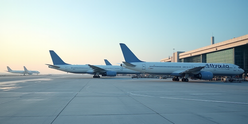 a large airport with several planes parked on the runway and a building in the background with a lar
