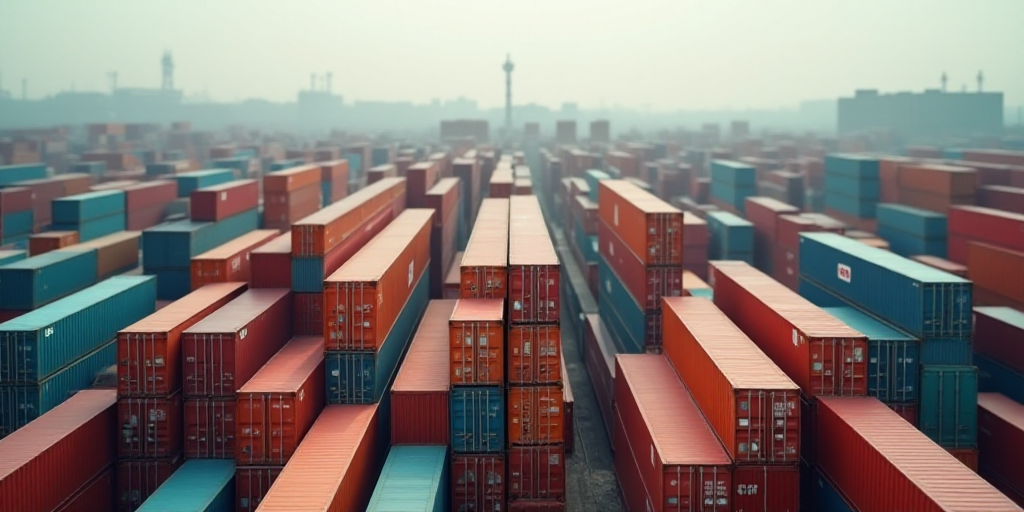 a large amount of colorful containers are stacked together in a large container yard with a large in