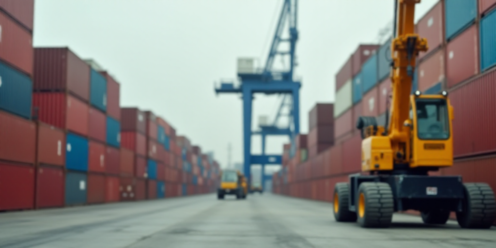 a large amount of containers are stacked up in a large warehouse area with a crane in the background