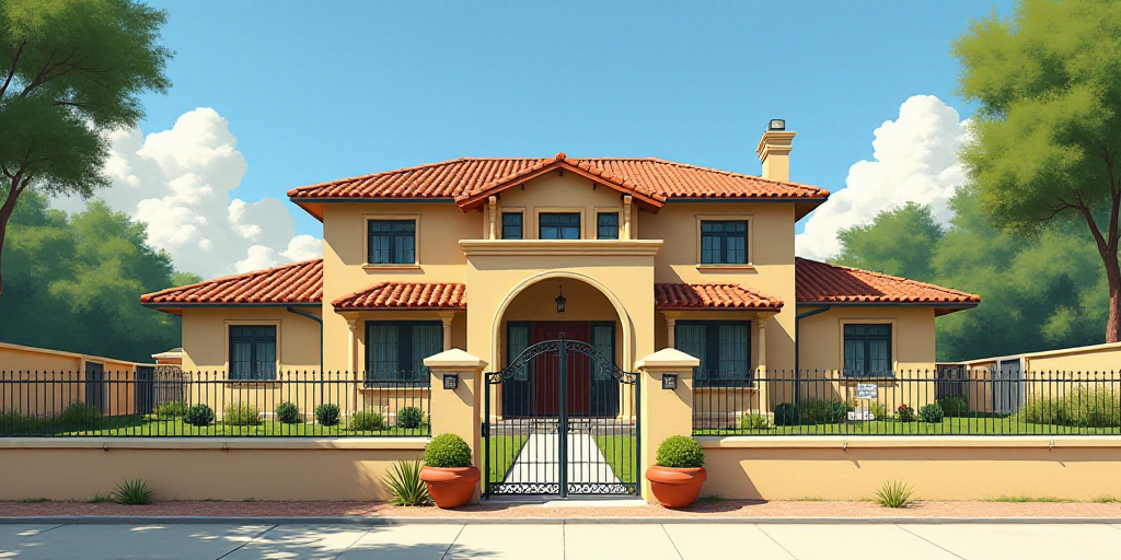 a large beige house with a gate and a planter in front of it and a blue sky in the background, Elbri
