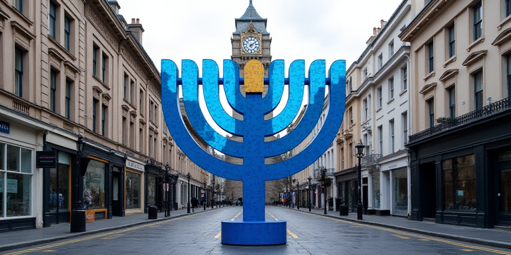 a large blue menorah in the middle of a street with a clock tower in the background in london, De Hi