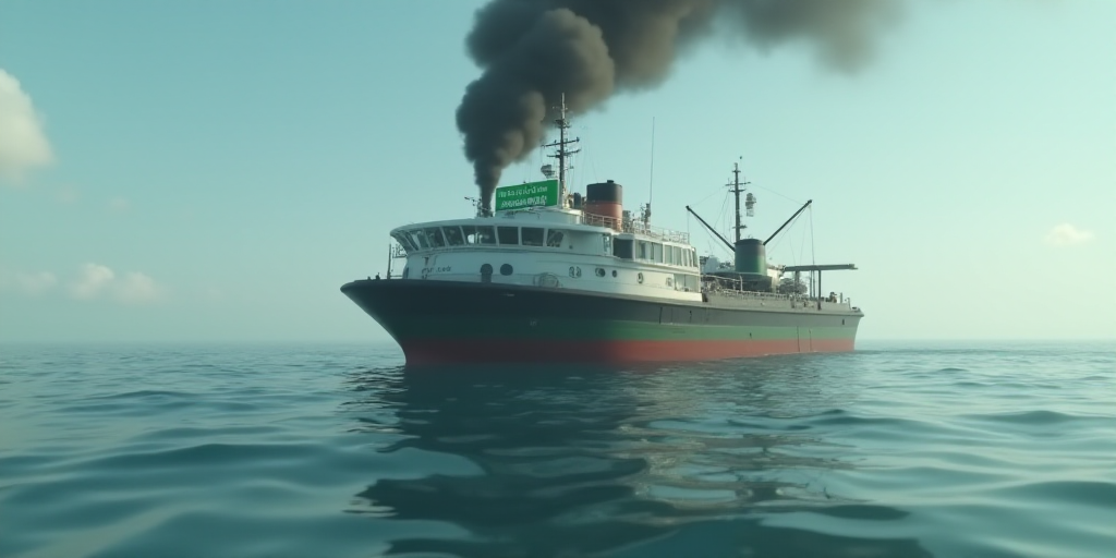 a large boat is in the water with smoke coming out of it's back end and a green sign above it, Dahlo