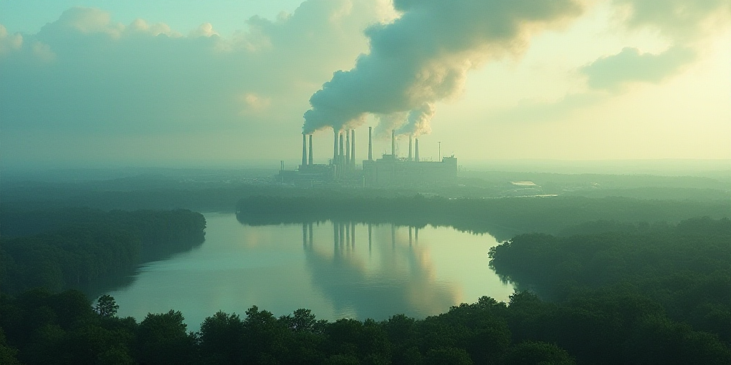 a large body of water surrounded by trees and a factory area with a large amount of smoke coming out