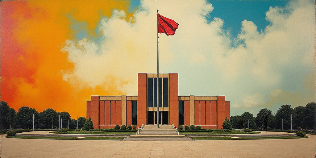 a large building with a flag flying in front of it and a flag pole in the middle of the building, Da