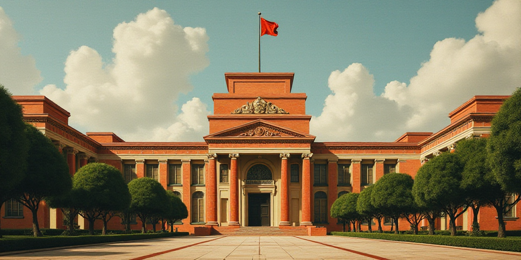 a large building with a flag on top of it's roof and trees around it's perimeter, David Alfaro Sique