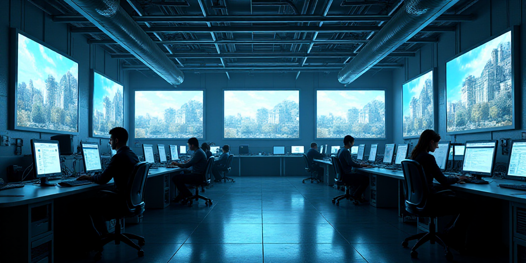 a large building with a lot of monitors on the wall and people working on computers on the floor in