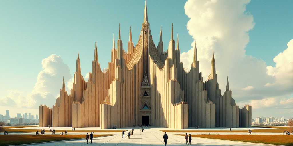 a large building with many spires on top of it's sides and a sky background with a few people walkin